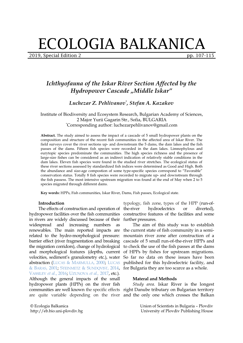 Ichthyofauna of the Iskar River Section Affected by the Hydropower Cascade „Middle Iskar”