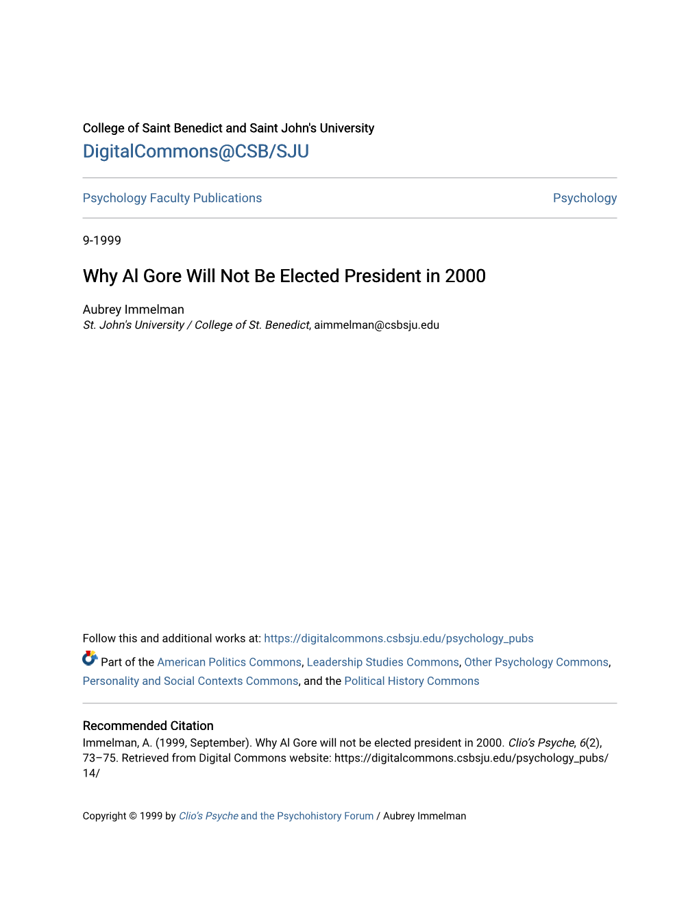 Why Al Gore Will Not Be Elected President in 2000