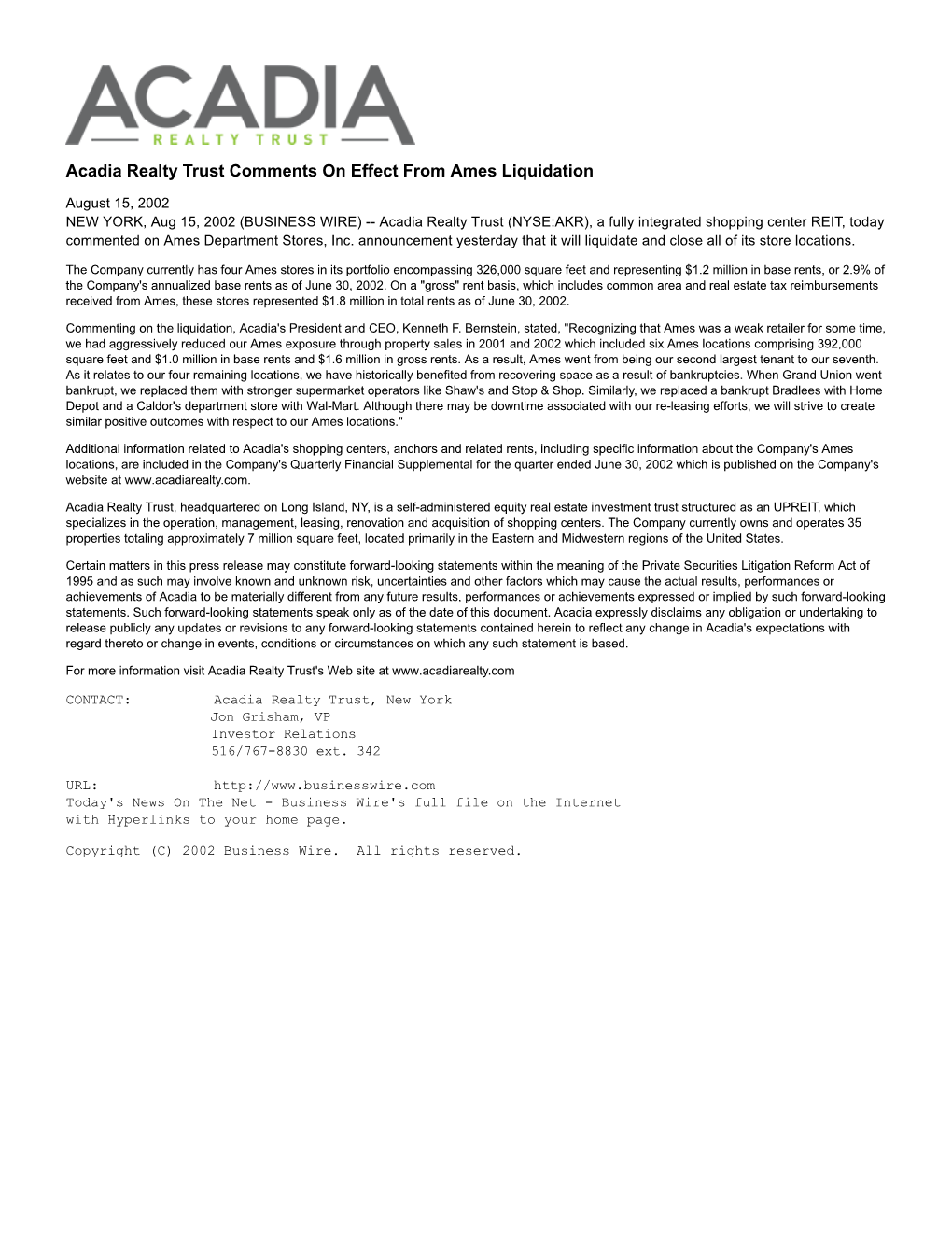 Acadia Realty Trust Comments on Effect from Ames Liquidation