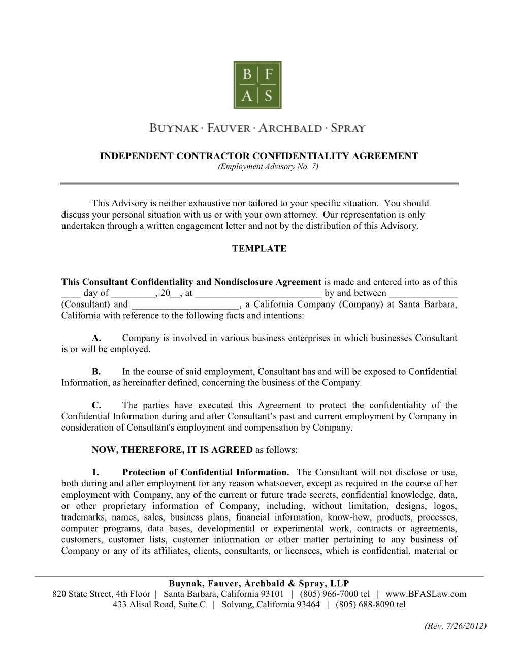 INDEPENDENT CONTRACTOR CONFIDENTIALITY AGREEMENT (Employment Advisory No