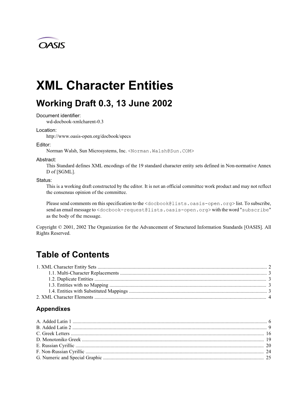 XML Character Entities Working Draft 0.3, 13 June 2002