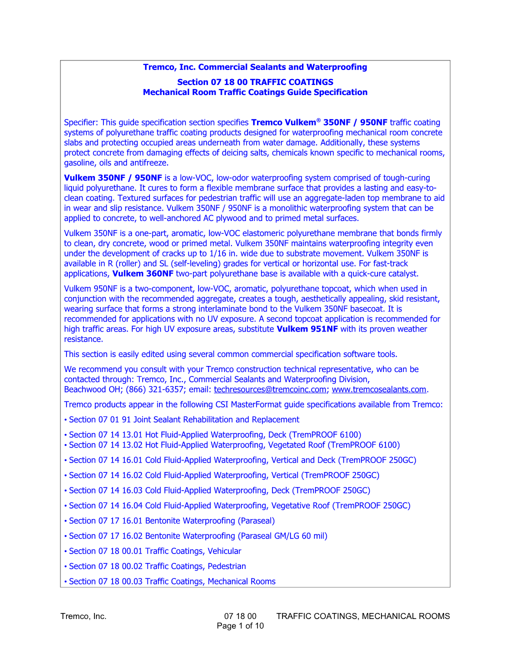 Section 071800 Traffic Coatings, Vehicular Traffic