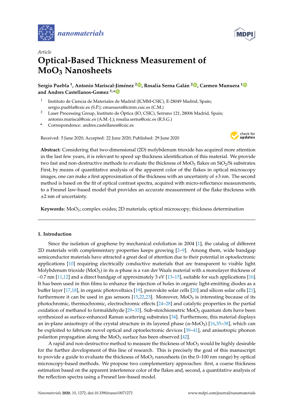 Optical-Based Thickness Measurement of Moo3 Nanosheets