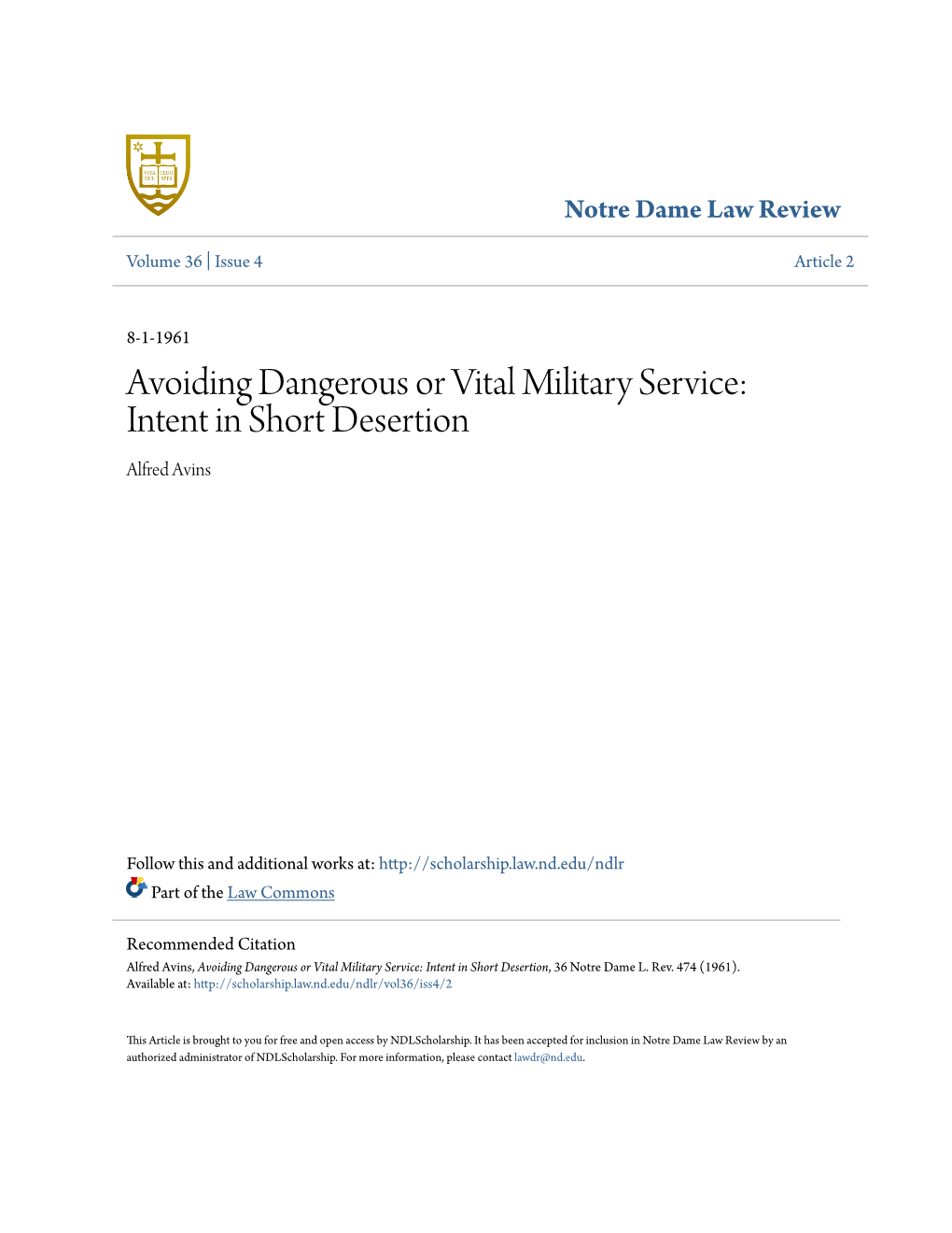 Avoiding Dangerous Or Vital Military Service: Intent in Short Desertion Alfred Avins