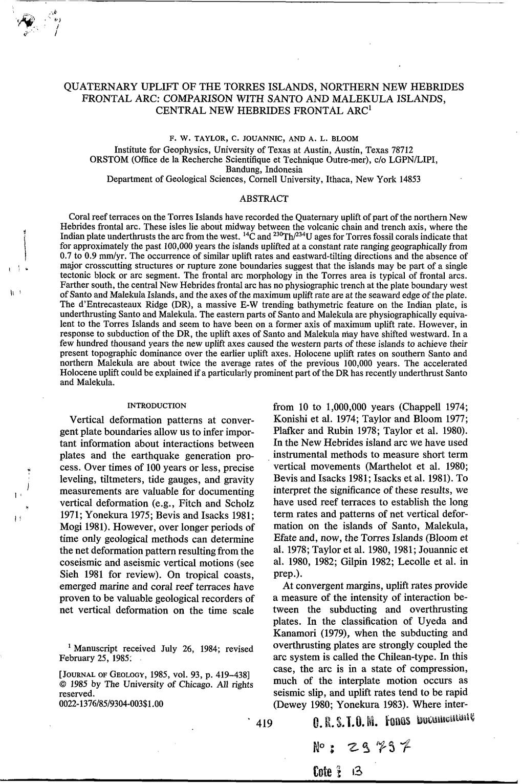 Quaternary Uplift of the Torres Islands, Northern New Hebrides Frontal Arc: Comparison with Santo and Malekula Islands, Central New Hebrides Frontal Arc'