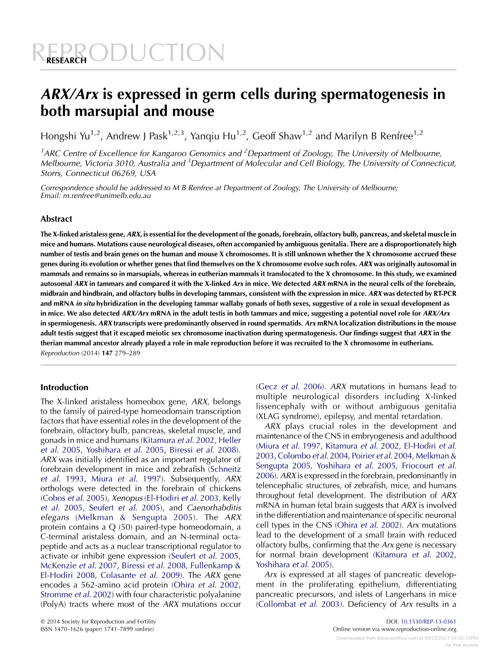 ARX/Arx Is Expressed in Germ Cells During Spermatogenesis in Both Marsupial and Mouse