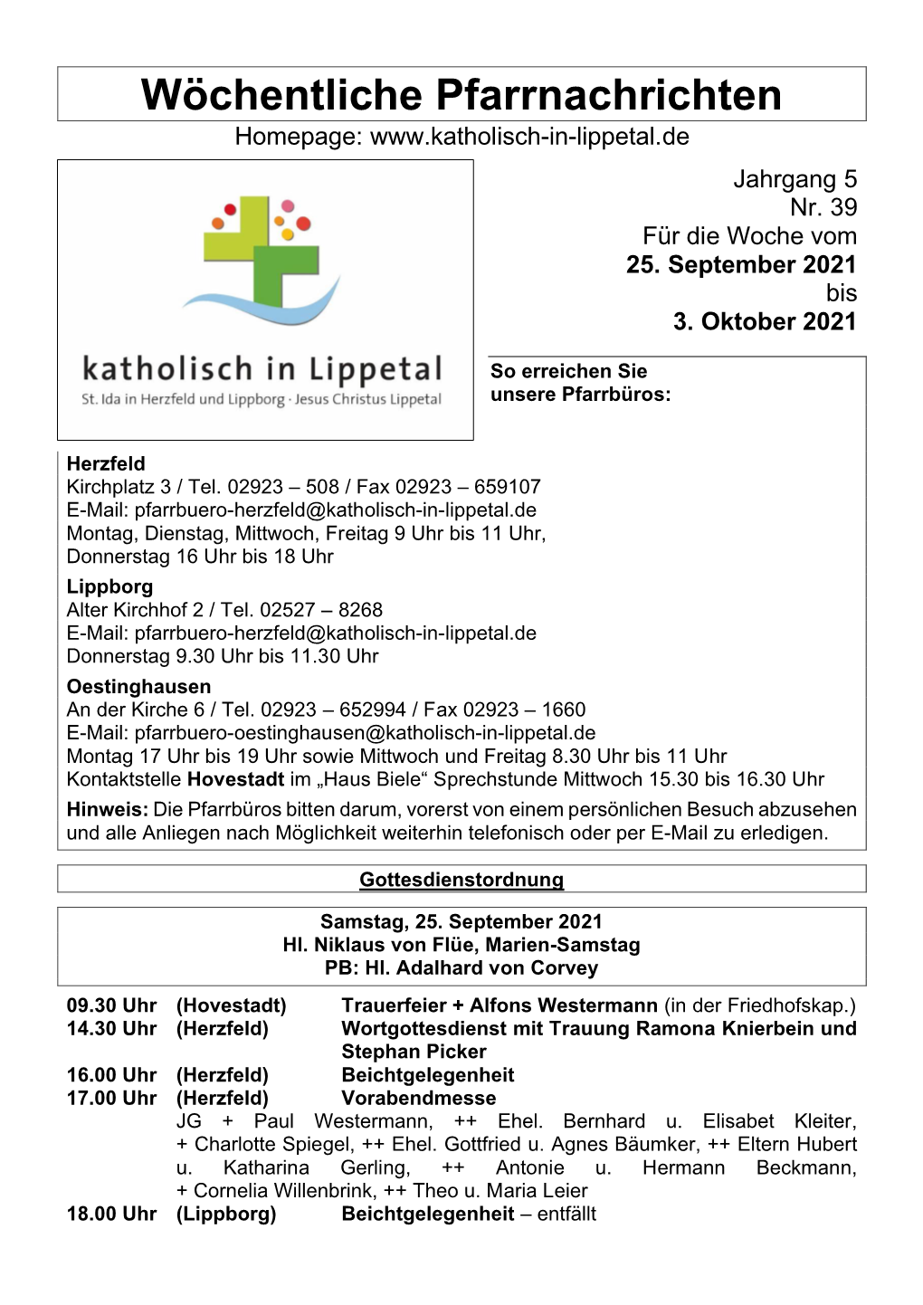 Pfarrbrief St. Ida Lippetal-Herzfeld