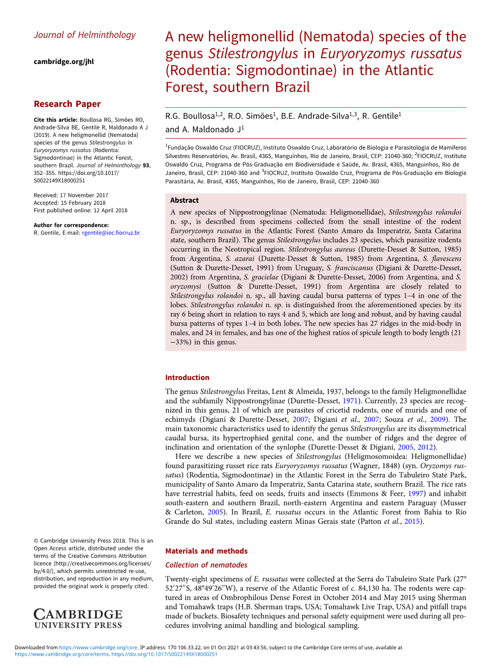 A New Heligmonellid (Nematoda) Species of the Genus Stilestrongylus in Euryoryzomys Russatus (Rodentia: Sigmodontinae) in the At