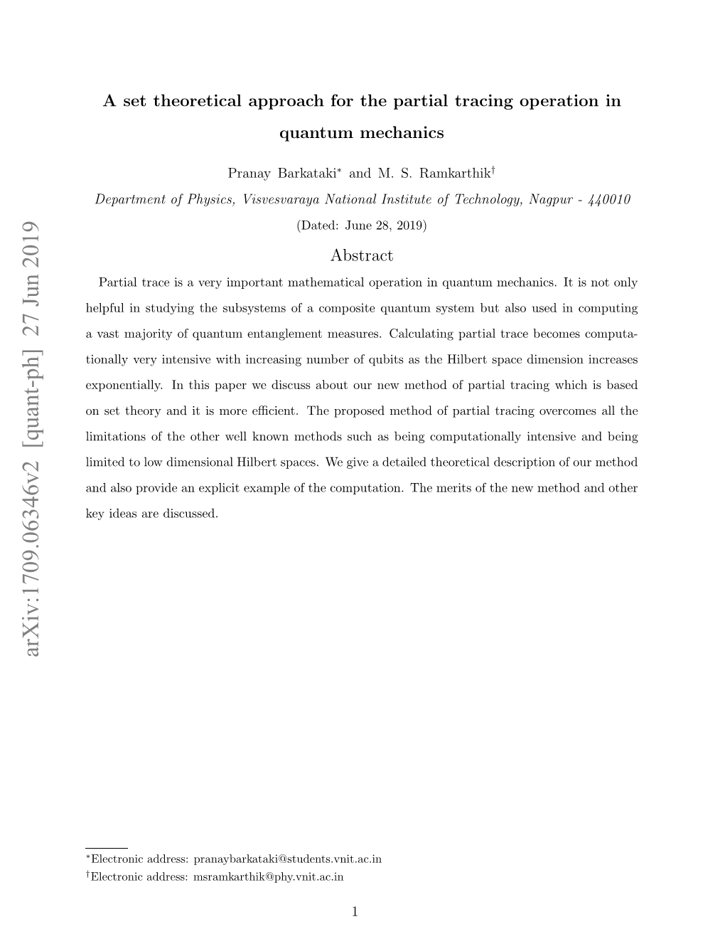 Arxiv:1709.06346V2 [Quant-Ph] 27 Jun 2019 E Da R Discussed