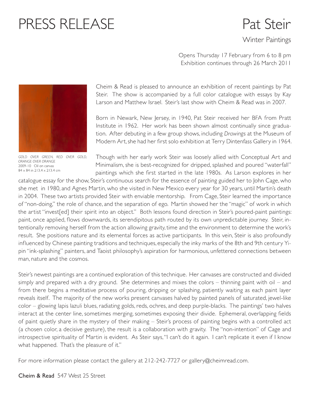 PRESS RELEASE Pat Steir Winter Paintings