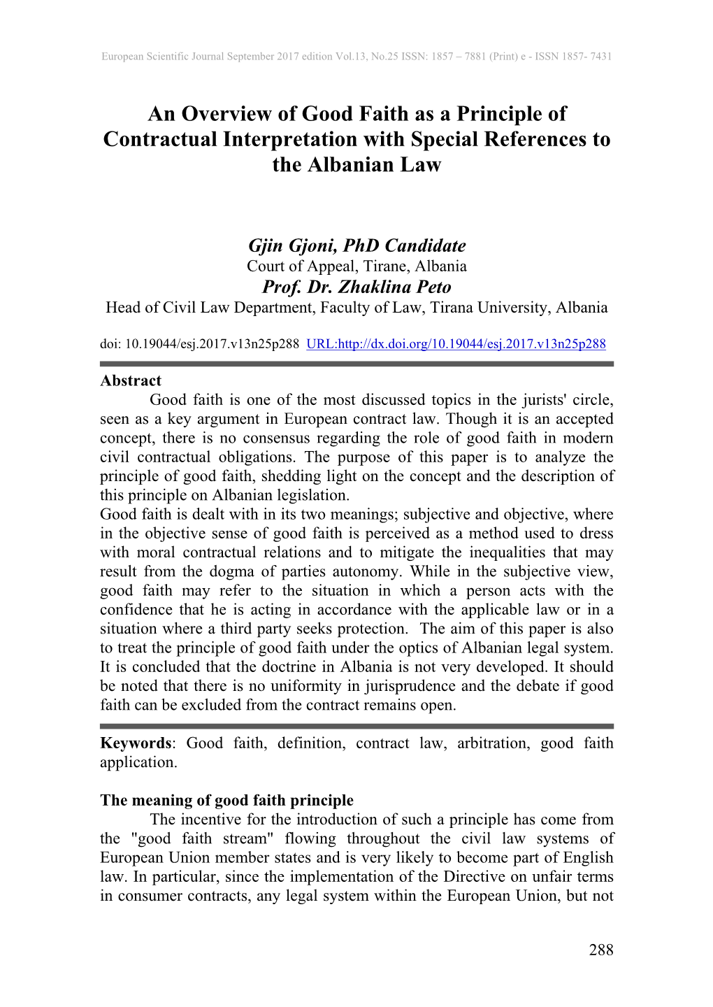 An Overview of Good Faith As a Principle of Contractual Interpretation with Special References to the Albanian Law