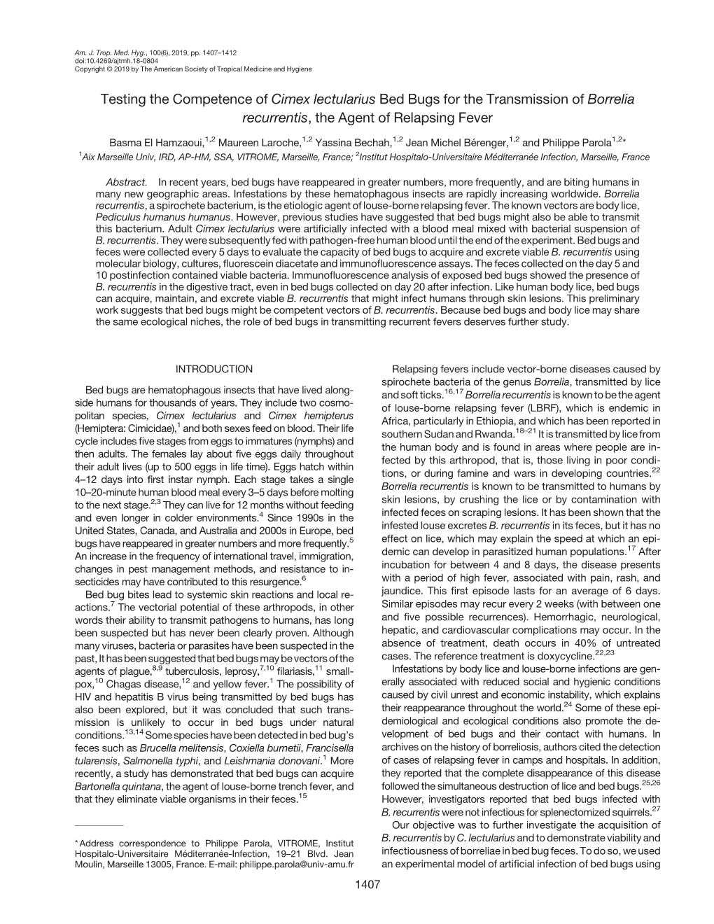 Testing the Competence of Cimex Lectularius Bed Bugs for the Transmission of Borrelia Recurrentis, the Agent of Relapsing Fever