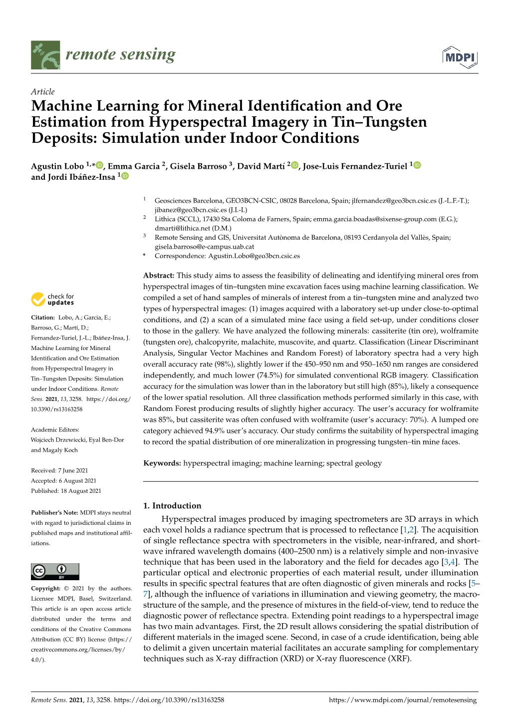 Machine Learning for Mineral Identification and Ore Estimation from Hyperspectral Imagery in Tin–Tungsten Deposits