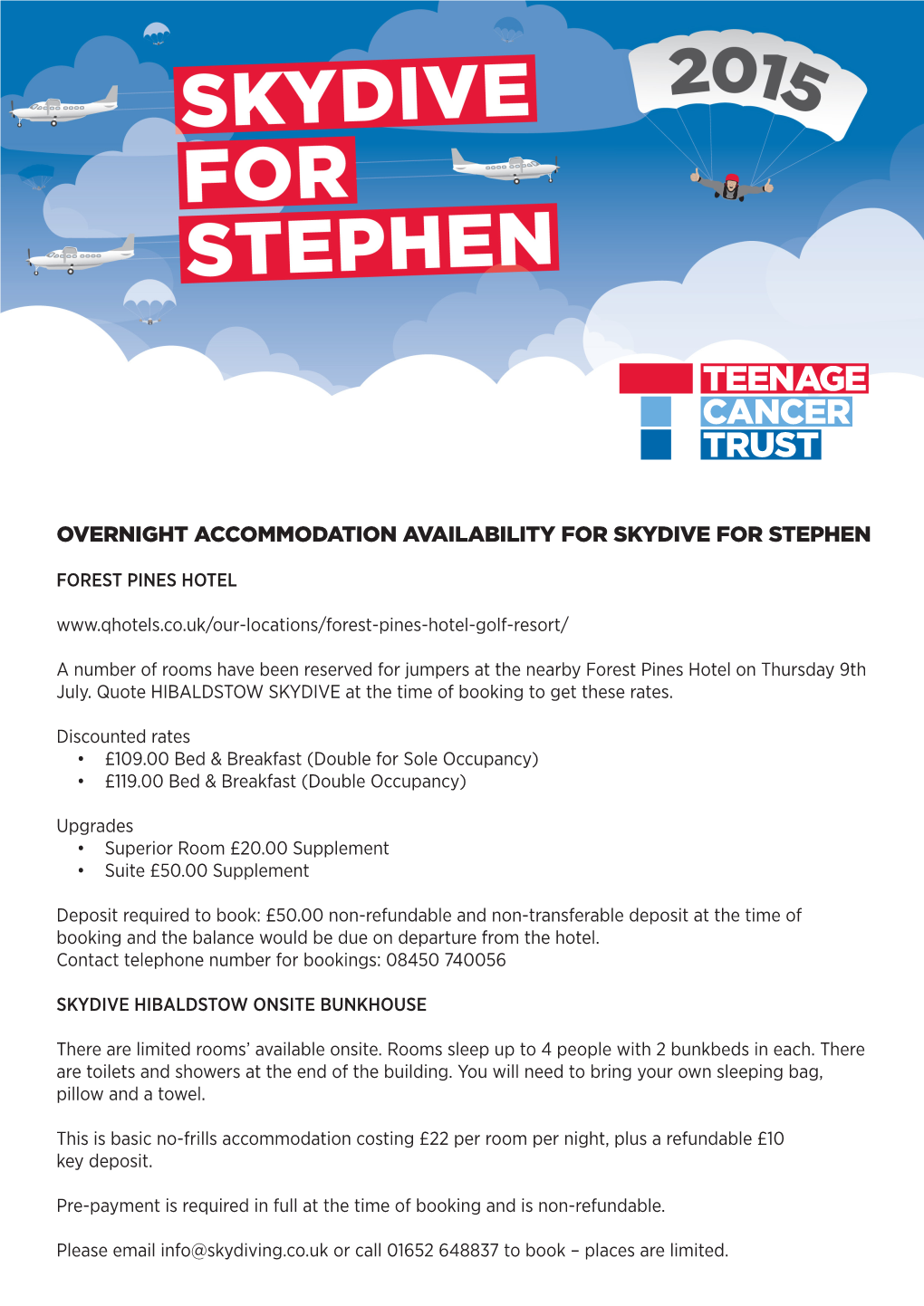 Overnight Accommodation Availability for Skydive for Stephen