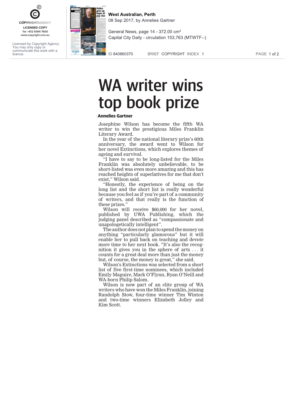 WA Writer Wins Top Book Prize