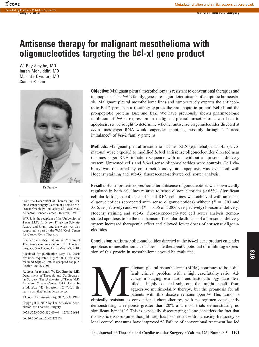 Antisense Therapy for Malignant Mesothelioma with Oligonucleotides Targeting the Bcl-Xl Gene Product