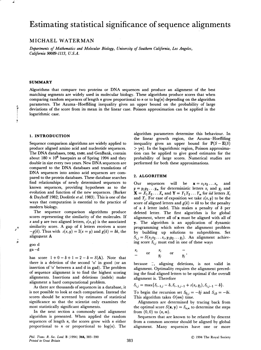 Estimating Statistical Significance of Sequence Alignments