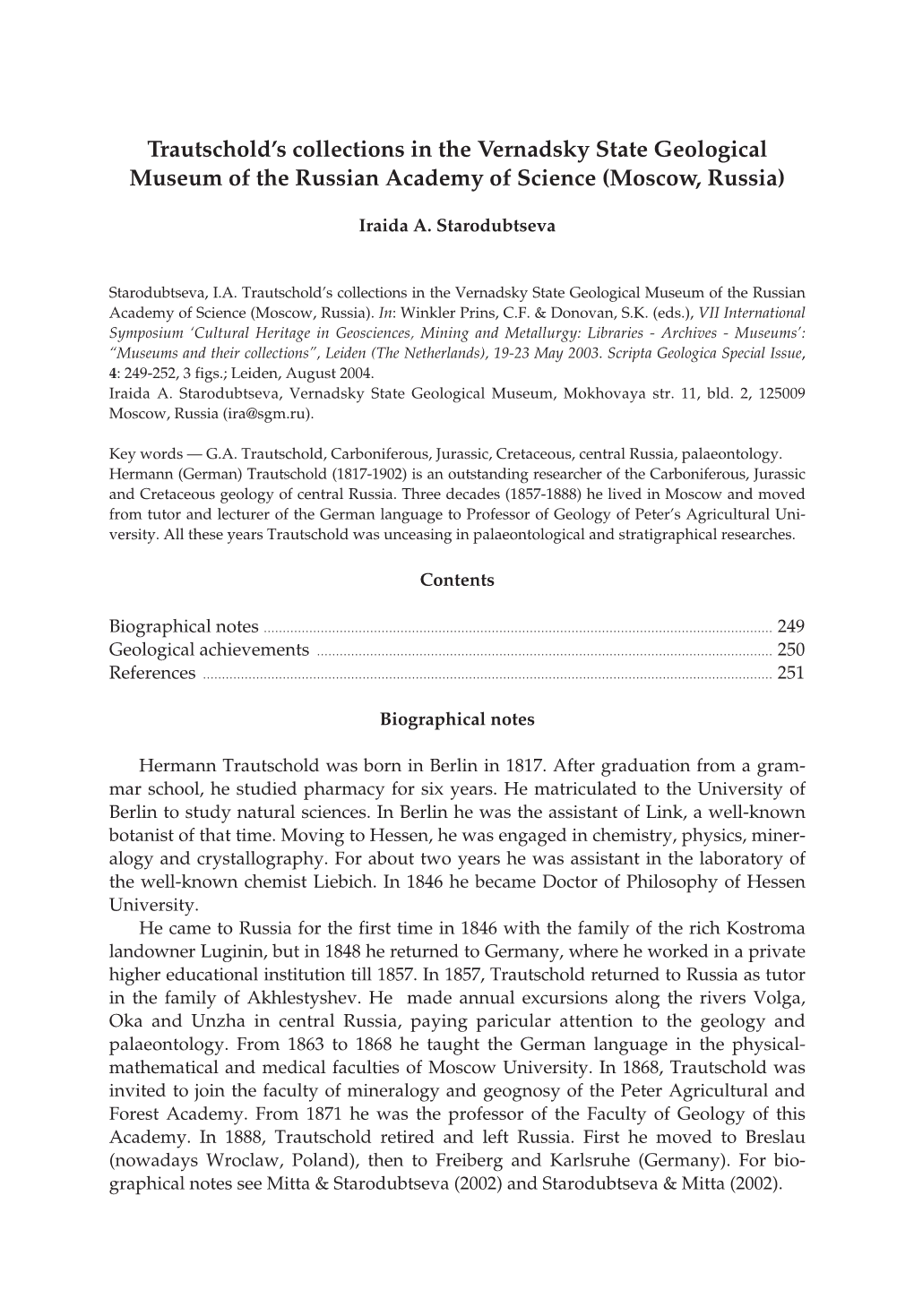 Trautschold's Collections in the Vernadsky State Geological