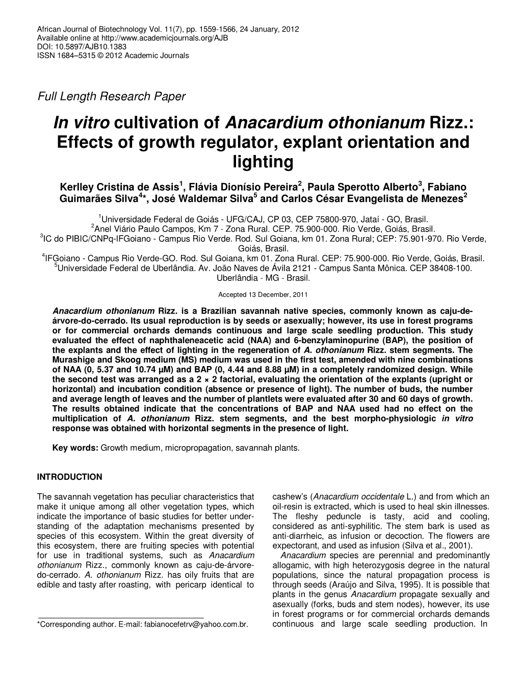 In Vitro Cultivation of Anacardium Othonianum Rizz.: Effects of Growth Regulator, Explant Orientation and Lighting