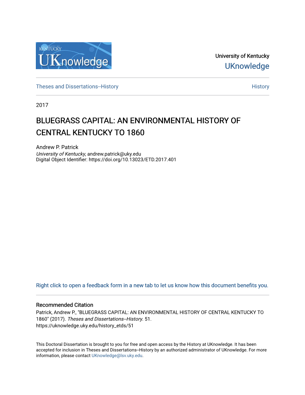 Bluegrass Capital: an Environmental History of Central Kentucky to 1860
