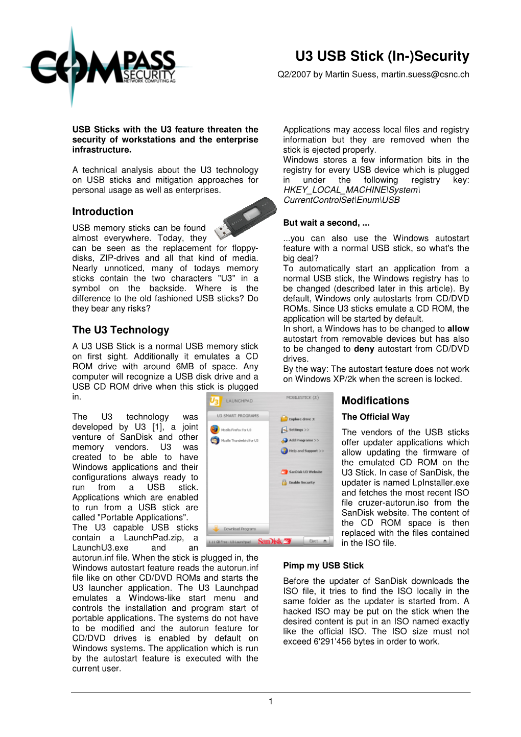 U3 USB Stick (In-)Security Q2/2007 by Martin Suess, Martin.Suess@Csnc.Ch