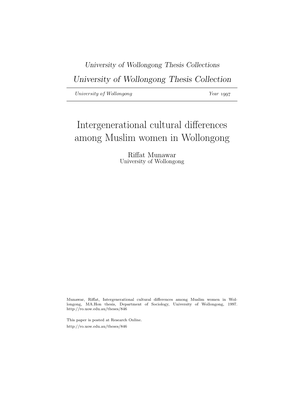 Intergenerational Cultural Differences Among Muslim Women in Wollongong