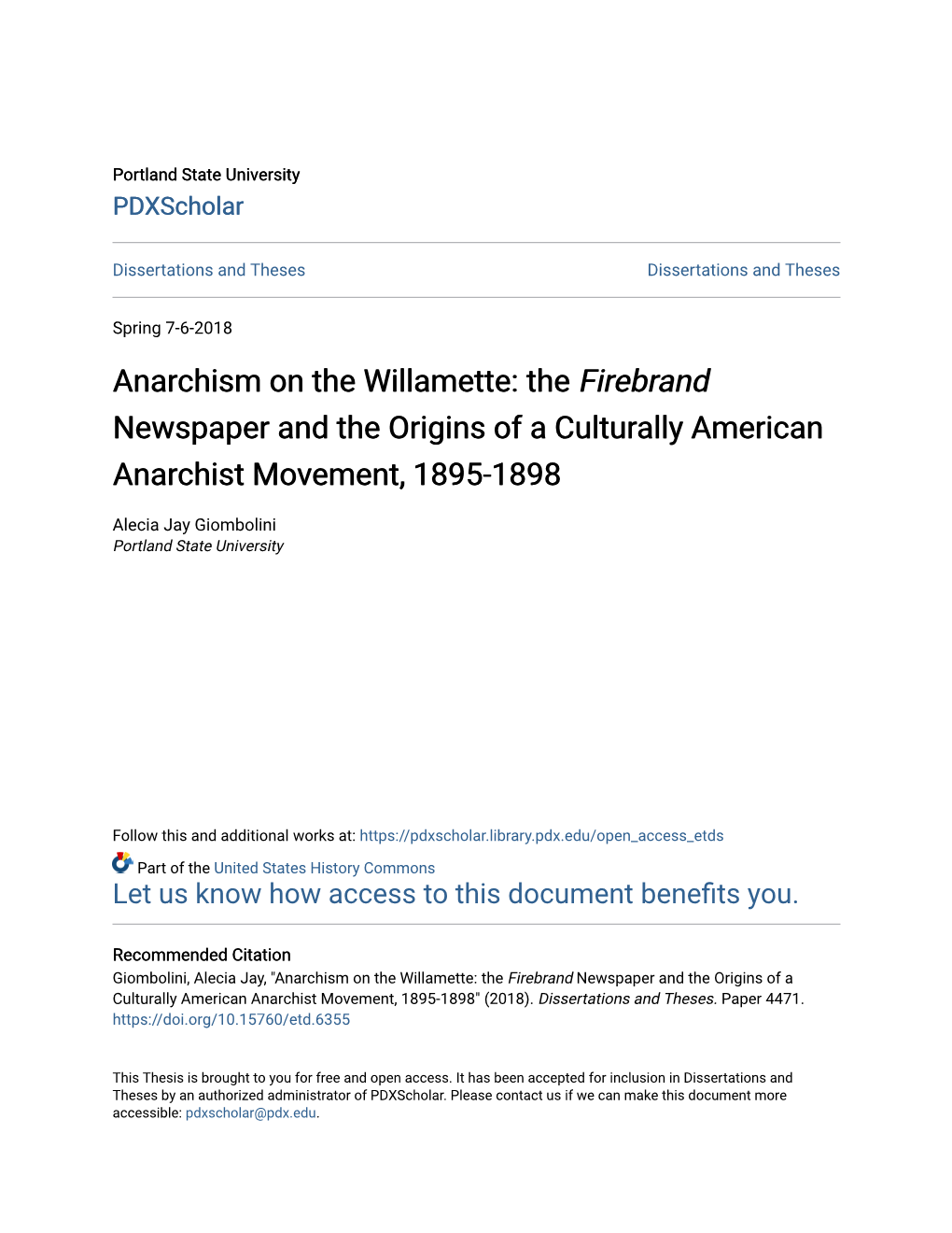 Anarchism on the Willamette: the Firebrand Newspaper and the Origins of a Culturally American Anarchist Movement, 1895-1898