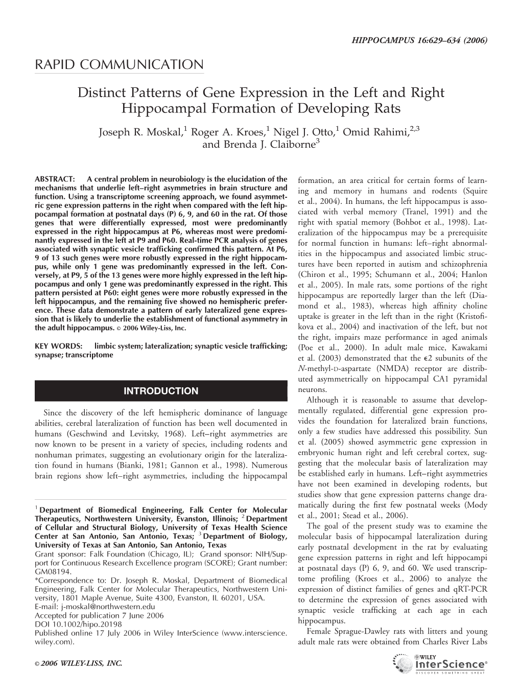 Distinct Patterns of Gene Expression in the Left and Right Hippocampal Formation of Developing Rats