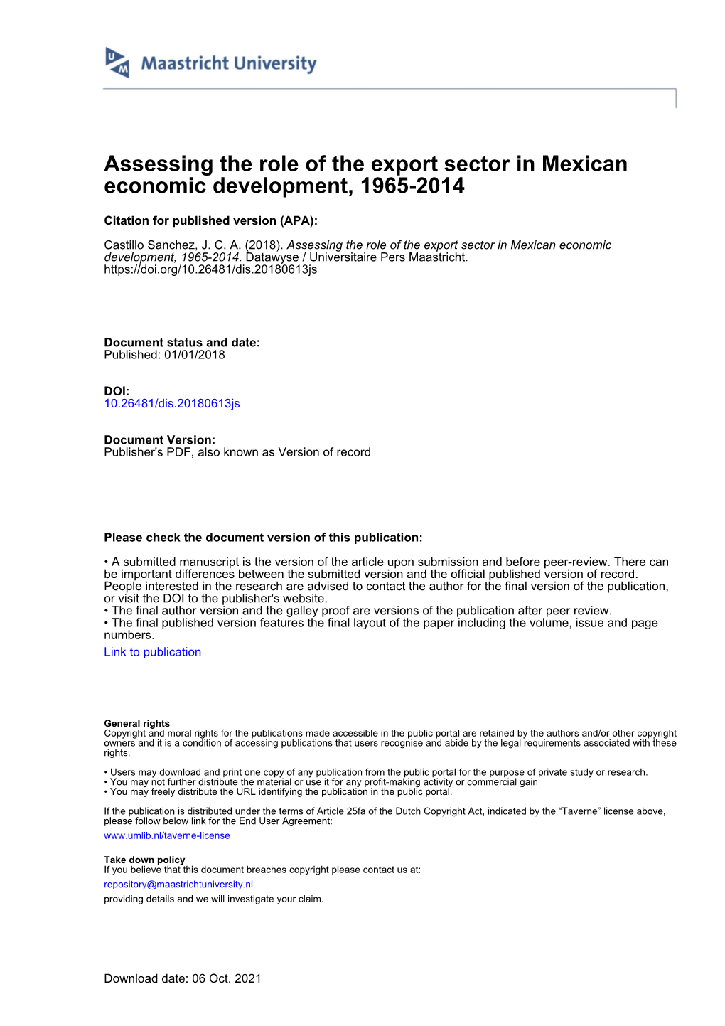 Assessing the Role of the Export Sector in Mexican Economic Development, 1965-2014