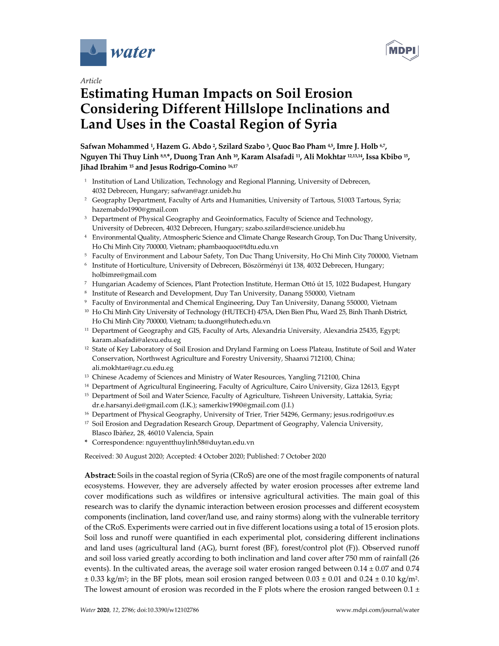 Estimating Human Impacts on Soil Erosion Considering Different Hillslope Inclinations and Land Uses in the Coastal Region of Syria