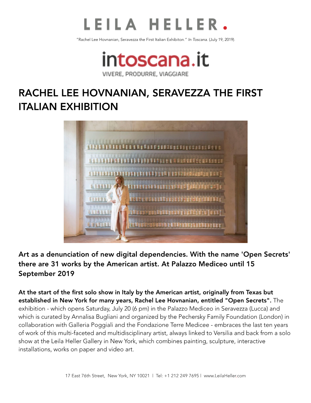 Rachel Lee Hovnanian, Seravezza the First Italian Exhibition