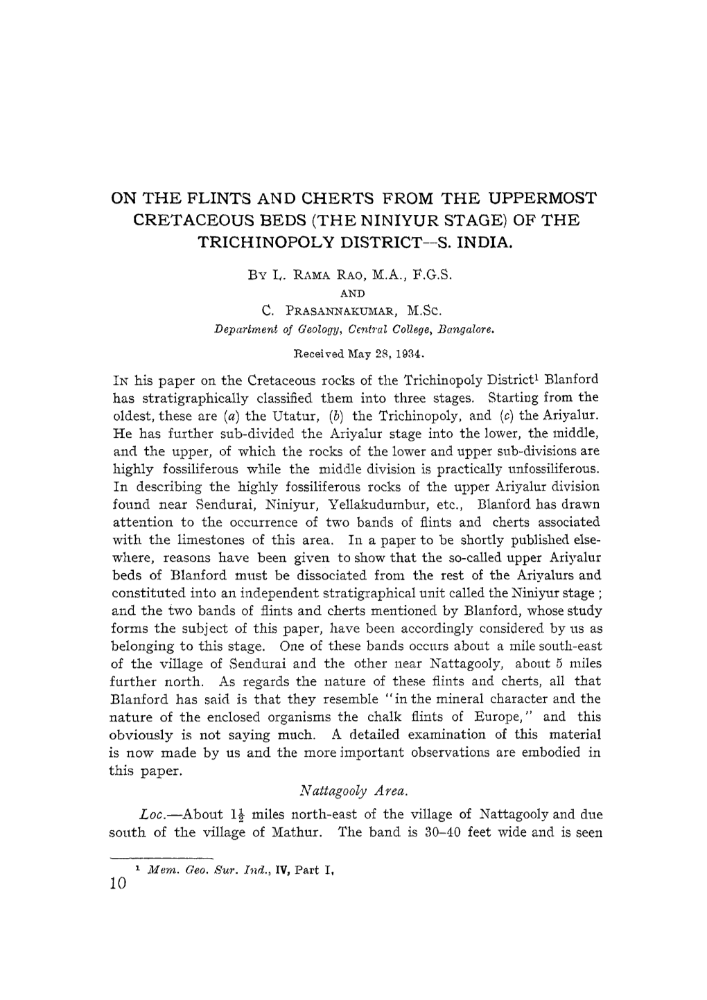 On the Flints and Cherts from the Uppermost Cretaceous Beds (The Niniyur Stage) of the Trichinopoly Sistrict-S. India