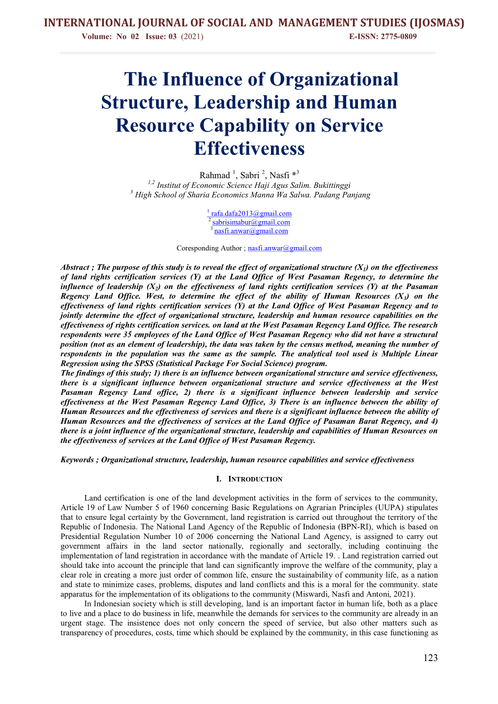 The Influence of Organizational Structure, Leadership and Human Resource Capability on Service Effectiveness