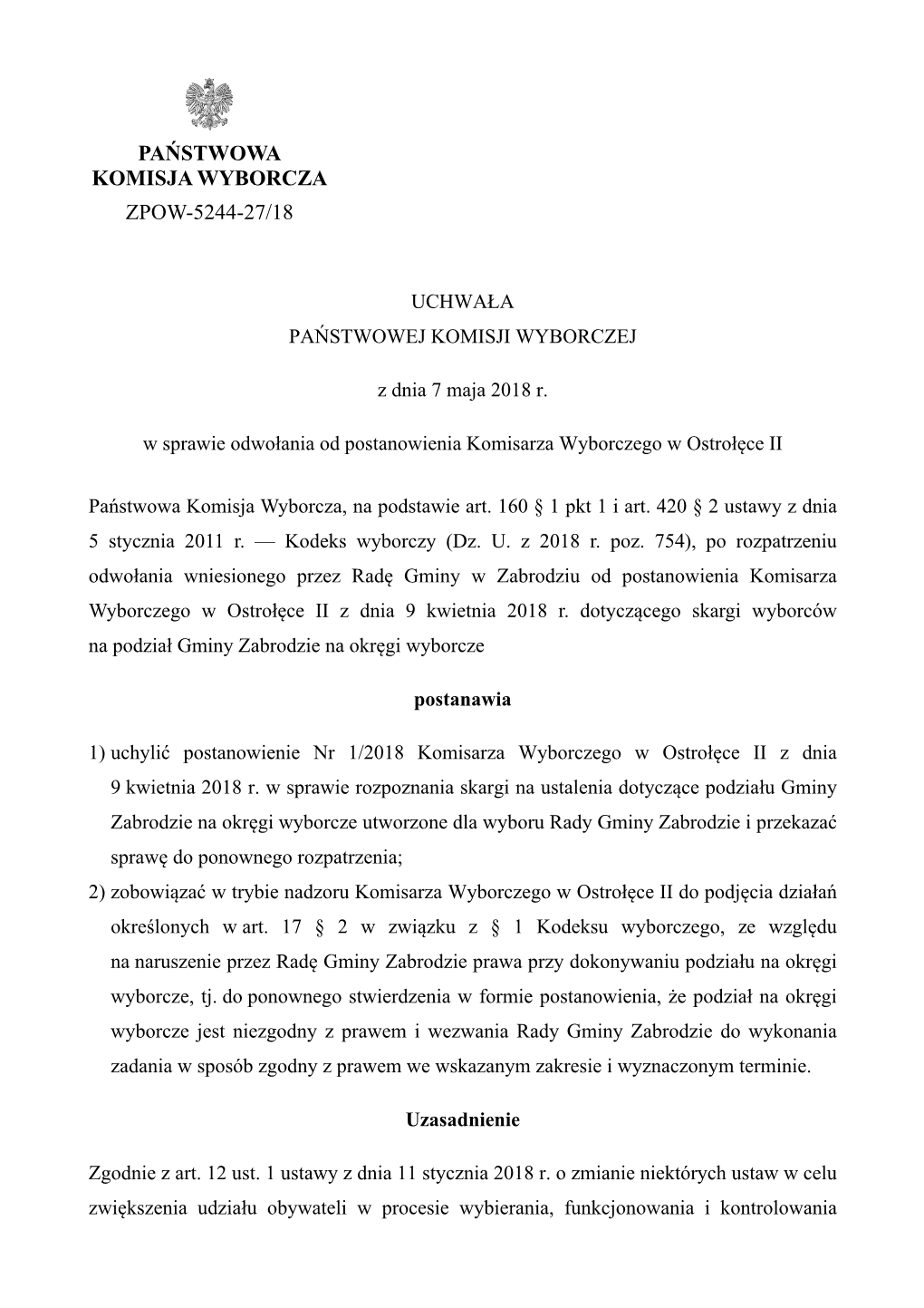 Państwowa Komisja Wyborcza Zpow-5244-27/18