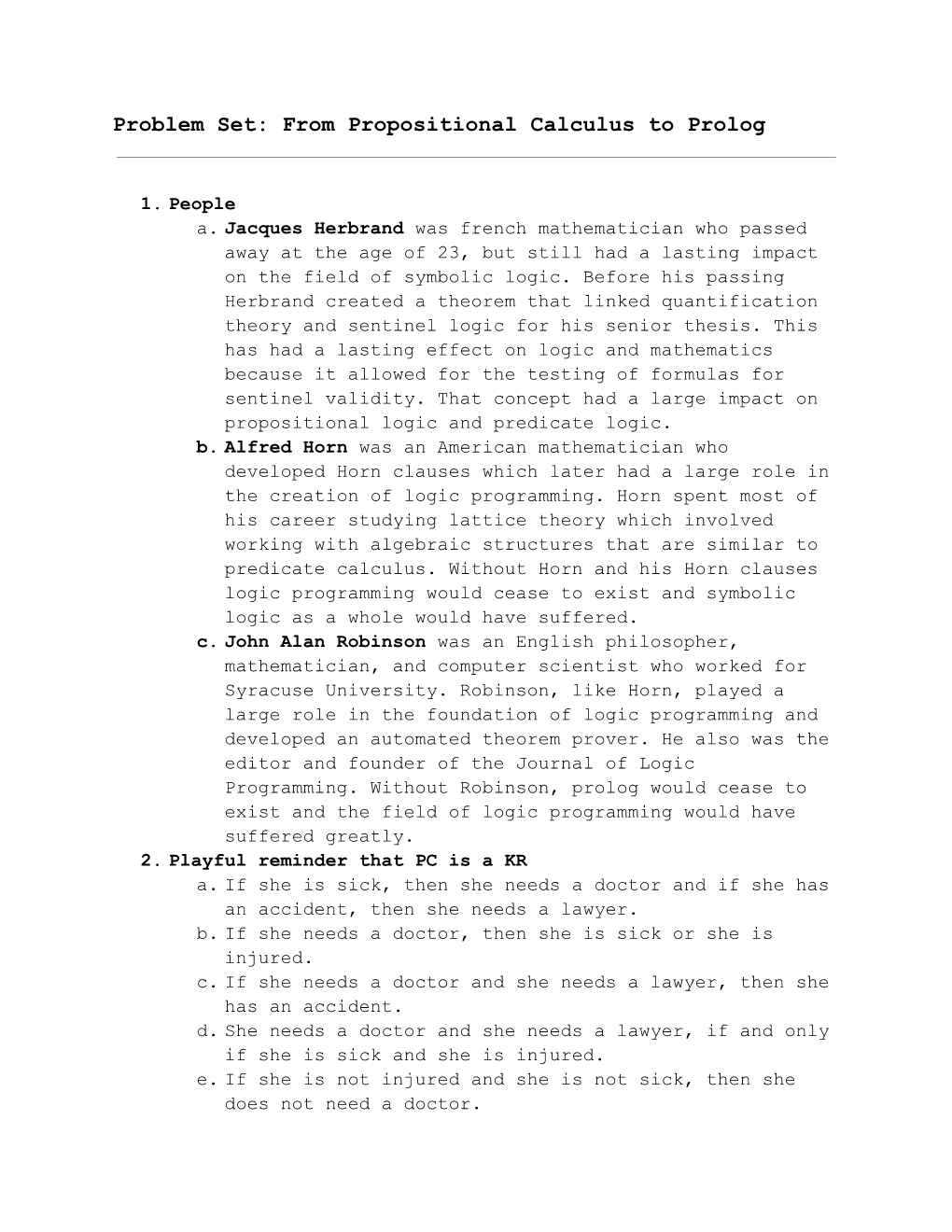 Problem Set: from Propositional Calculus to Prolog