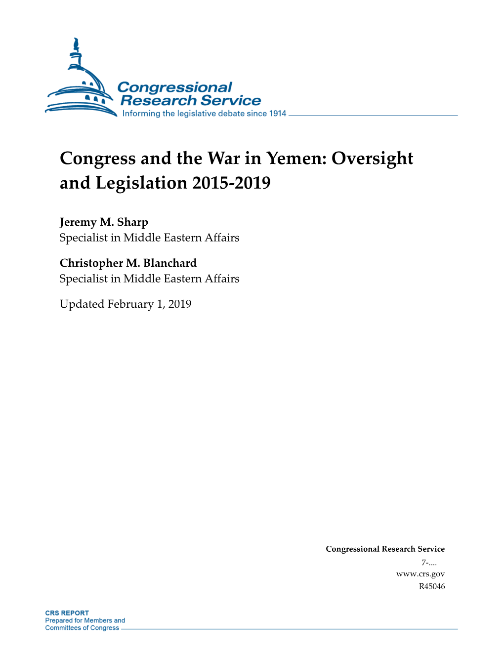 Congress and the War in Yemen: Oversight and Legislation 2015-2019