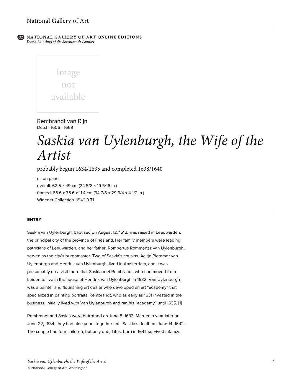 Saskia Van Uylenburgh, the Wife of the Artist