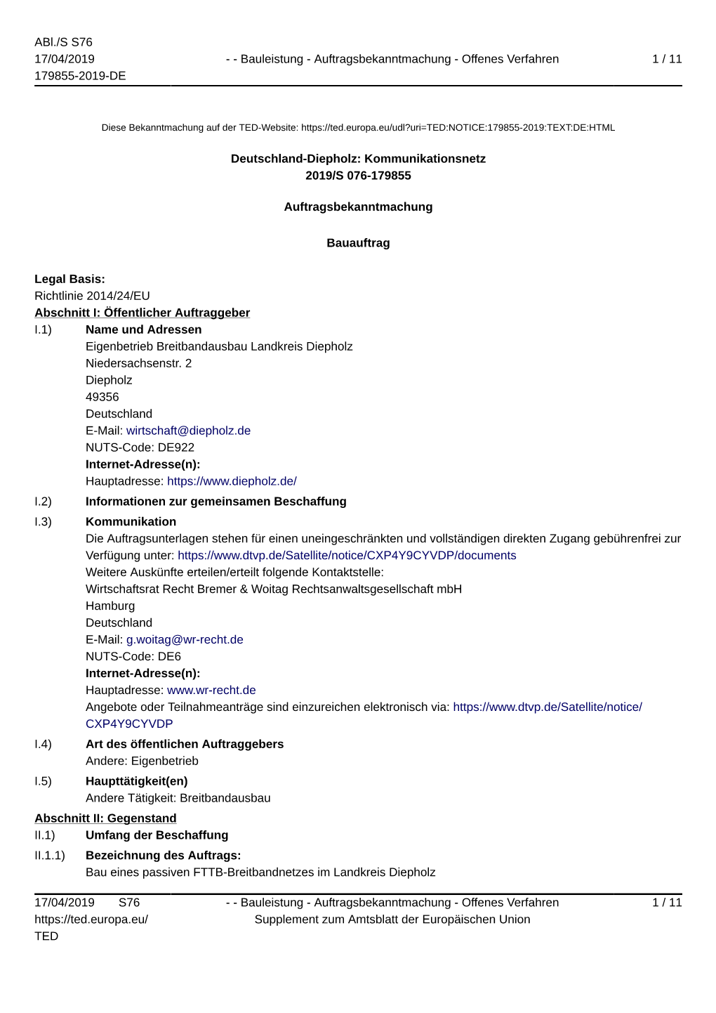 Deutschland-Diepholz: Kommunikationsnetz 2019/S 076-179855