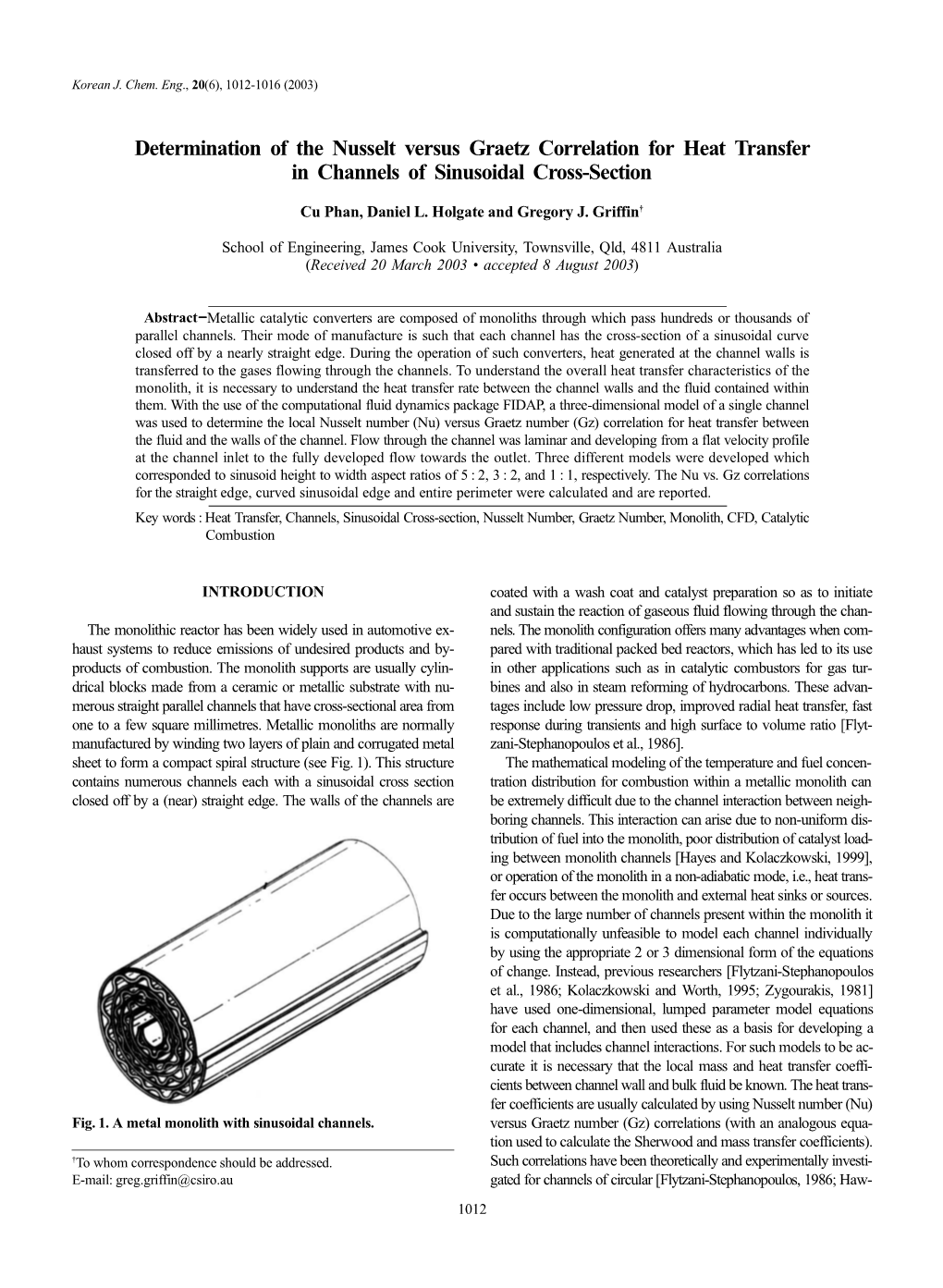 Determination of the Nusselt Versus Graetz Correlation for Heat Transfer in Channels of Sinusoidal Cross-Section