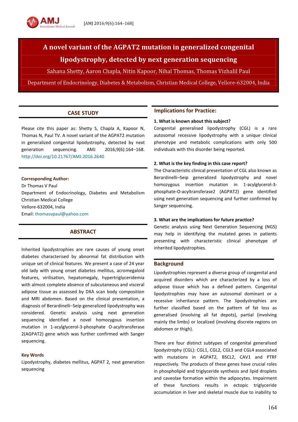 A Novel Variant of the AGPAT2 Mutation in Generalized Congenital Lipodystrophy, Detected by Next Generation Sequencing