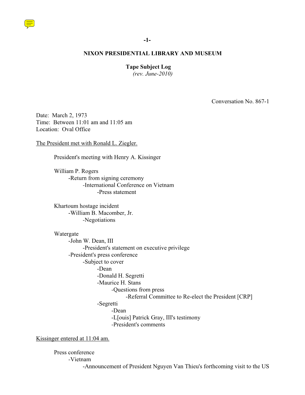 OVAL #867: March 2-3, 1973 [Complete Tape Subject Log]