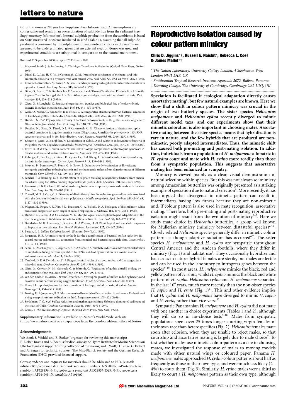 Reproductive Isolation Caused by Colour Pattern Mimicry