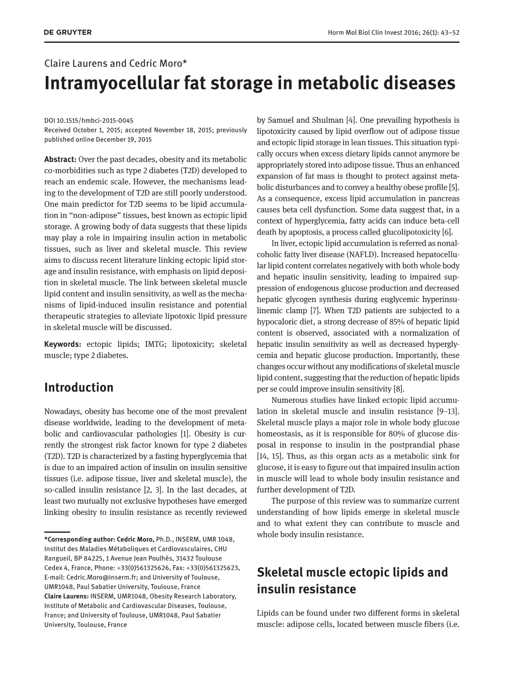 Intramyocellular Fat Storage in Metabolic Diseases