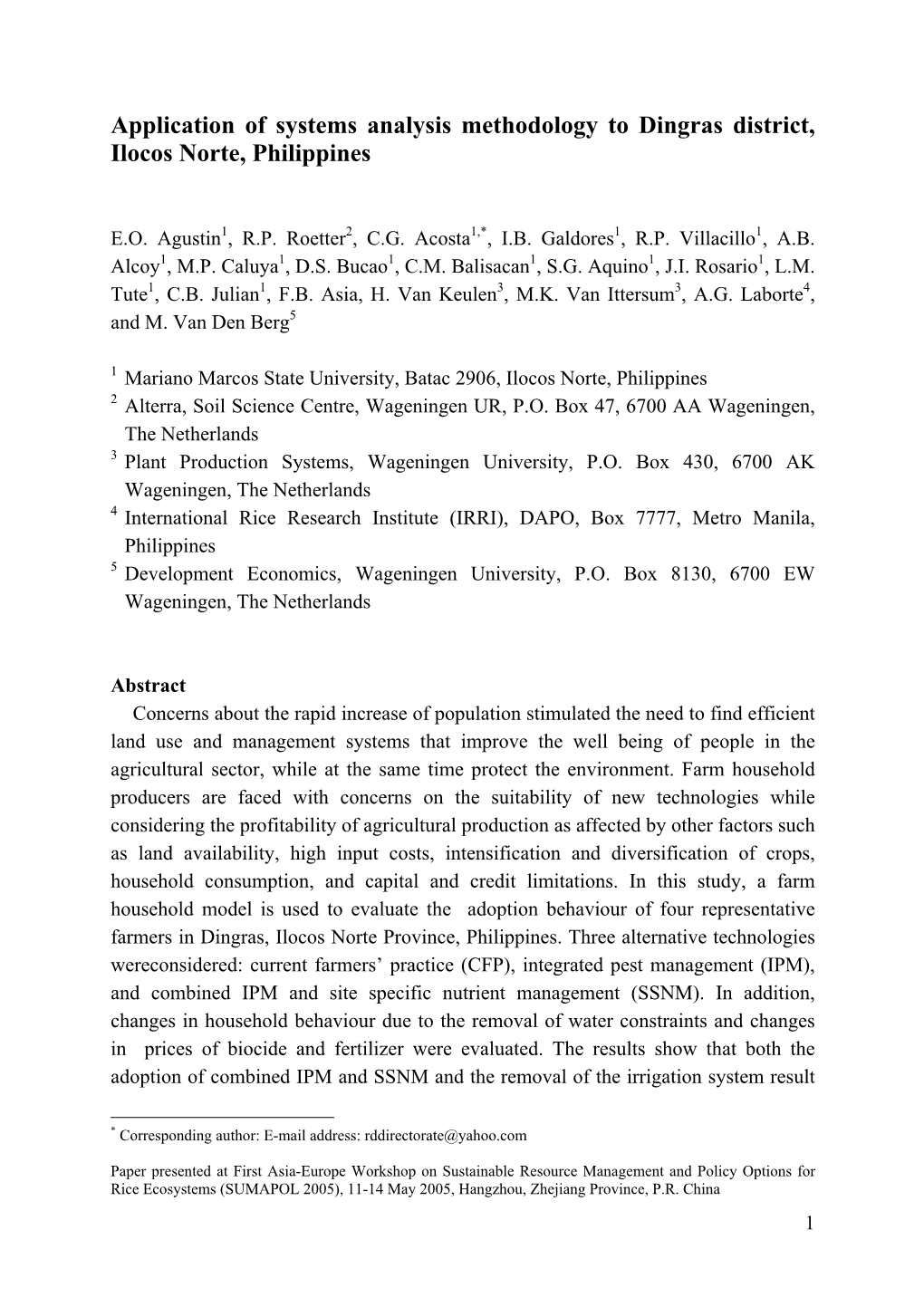 Application of Systems Analysis Methodology to Dingras District, Ilocos Norte, Philippines