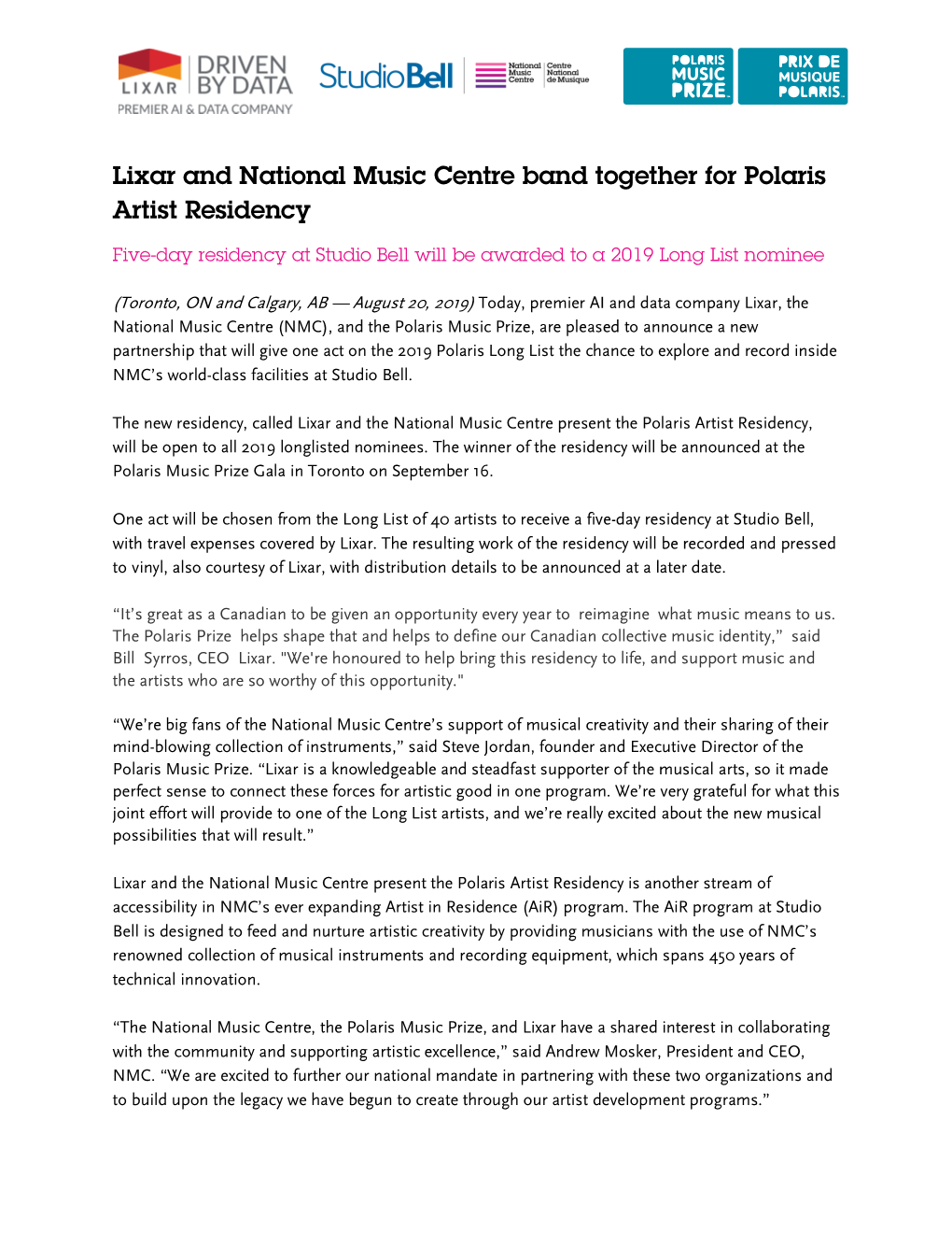 Lixar and National Music Centre Band Together for Polaris Artist Residency