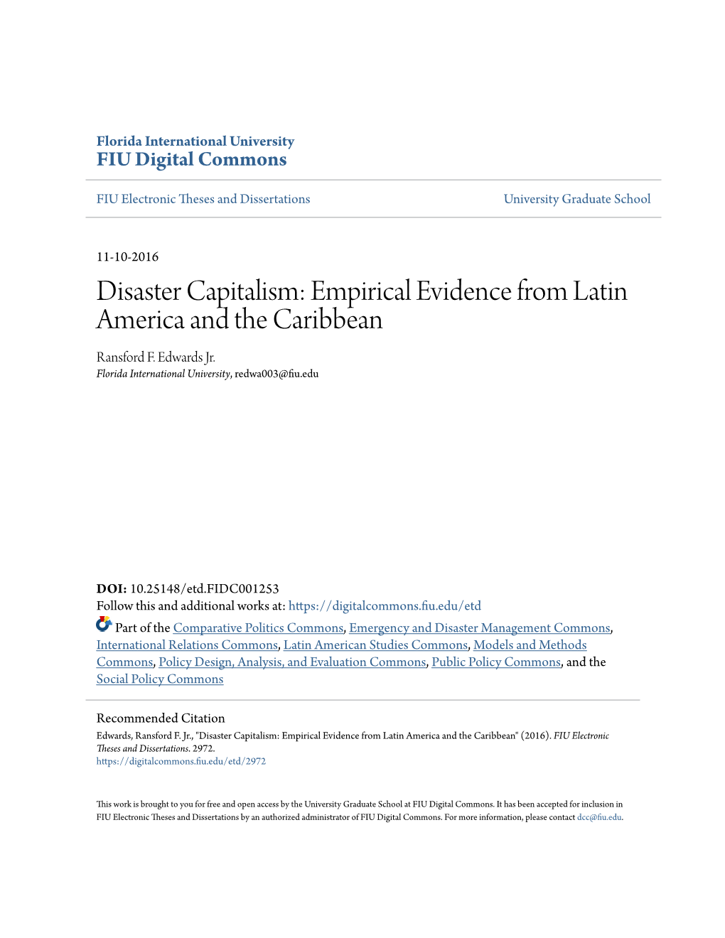 Disaster Capitalism: Empirical Evidence from Latin America and the Caribbean Ransford F