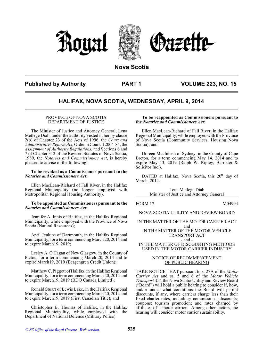 NS Royal Gazette Part I