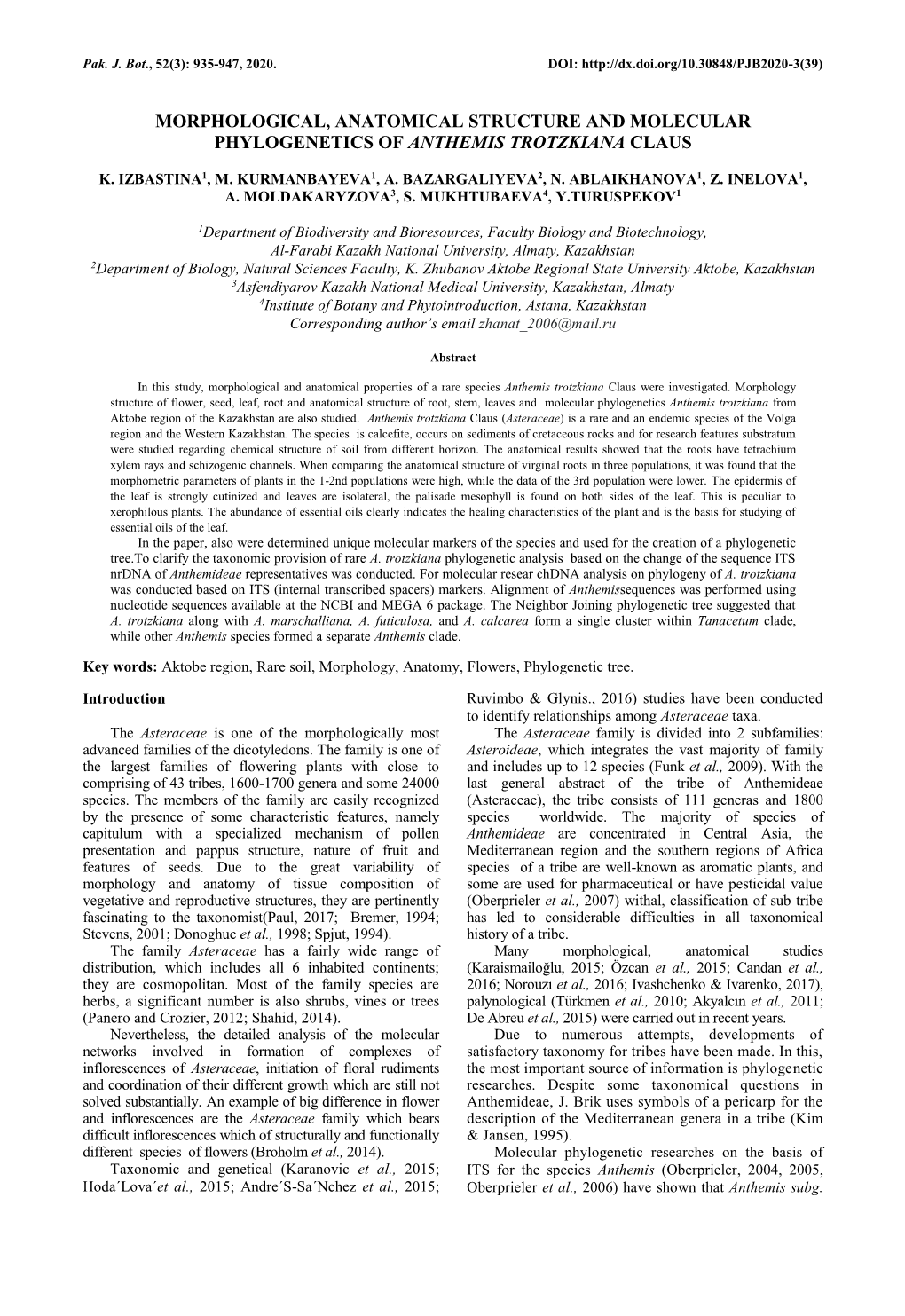 Morphological, Anatomical Structure and Molecular Phylogenetics of Anthemis Trotzkiana Claus