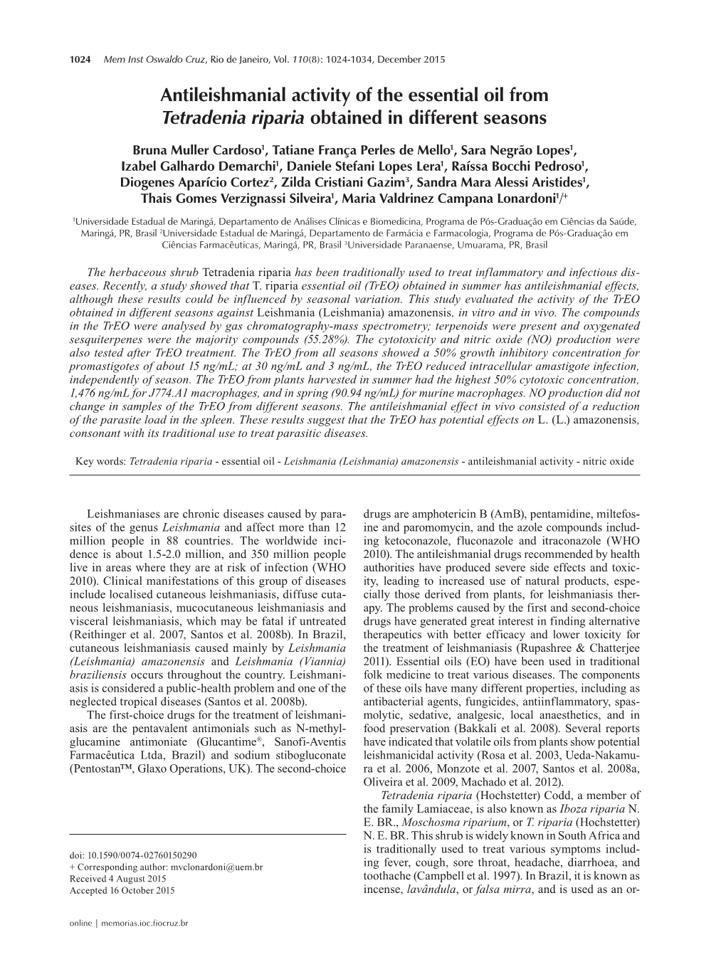 Antileishmanial Activity of the Essential Oil from Tetradenia Riparia Obtained in Different Seasons