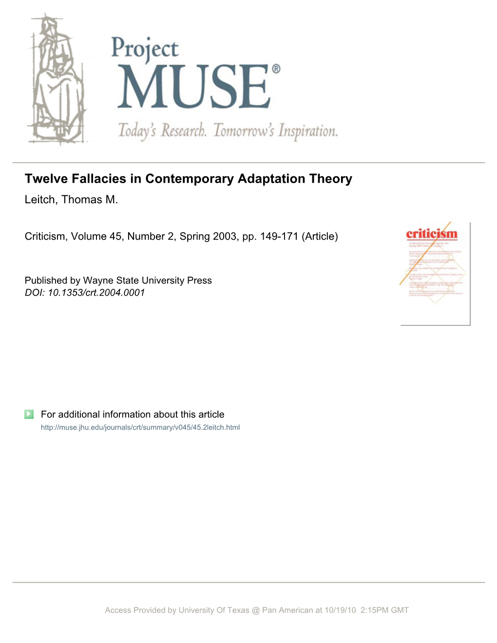 Twelve Fallacies in Contemporary Adaptation Theory Leitch, Thomas M